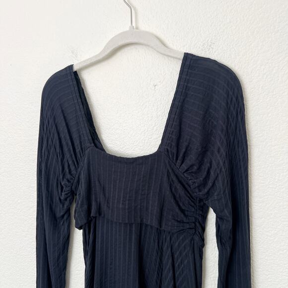 [Free People] Navy Blue Twisted Bust Open Front Slit Long Sleeve Top Sz Medium M - Picture 5 of 11